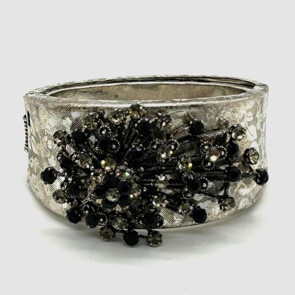 Vintage Black & Smokey Rhinestone Bracelet Hinged Etched Silver-Tone 6.5 Clamper - Picture 3 of 16